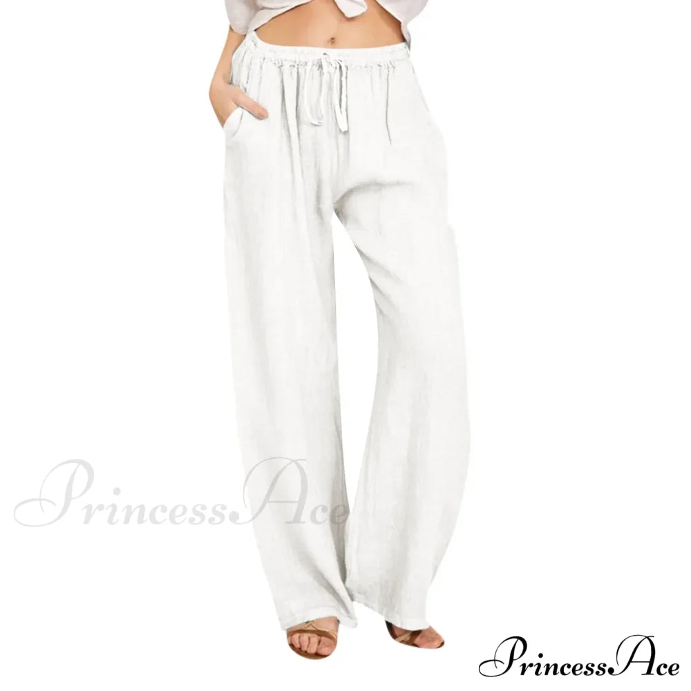 Casual Solid Drawstring Patchwork Low-Waisted Flare Spring Summer Pants White / S