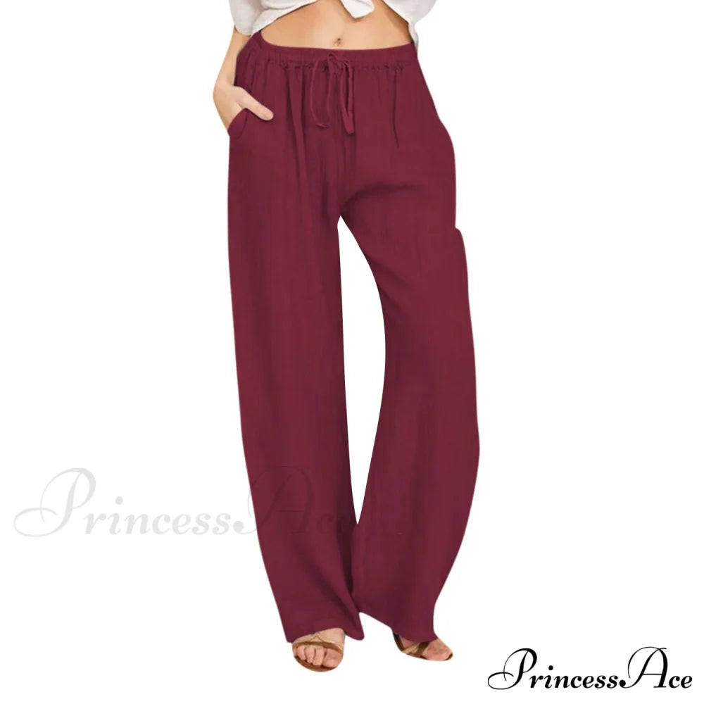 Casual Solid Drawstring Patchwork Low-Waisted Flare Spring Summer Pants Wine / S