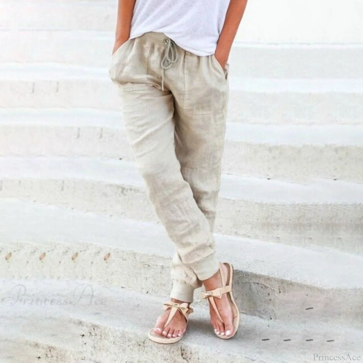 Casual Solid Elastic Waist Loose Pants Khaki / S