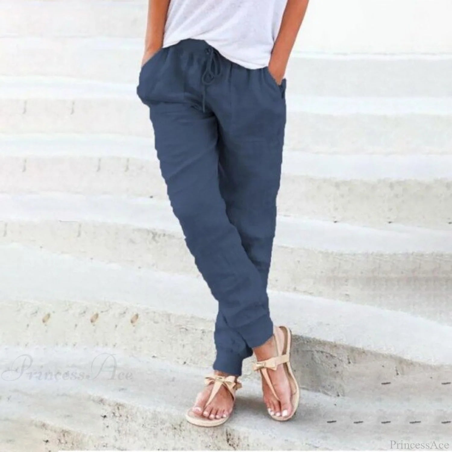 Casual Solid Elastic Waist Loose Pants Navy / S