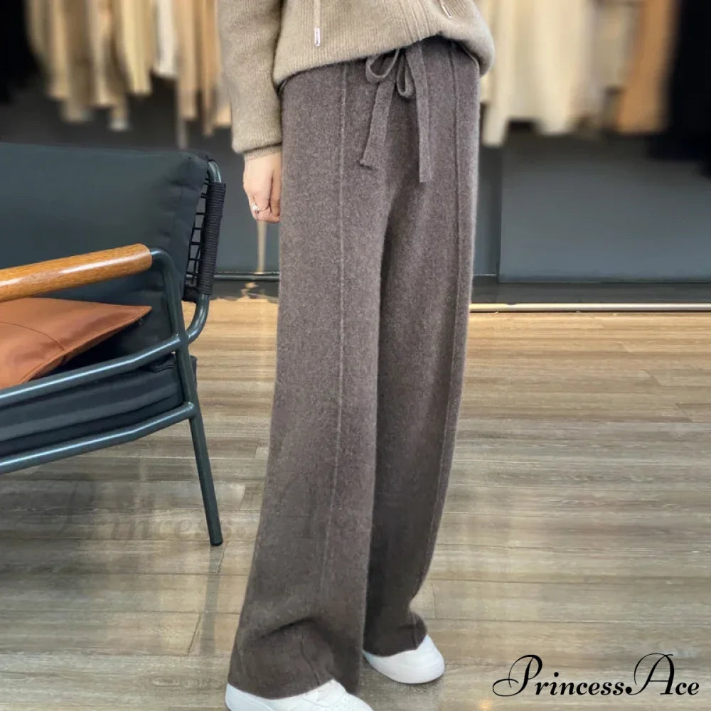 Casual Thick Knitted Elastic High Waist Loose Wide Leg Long Striped Pants Deep Coffee / S