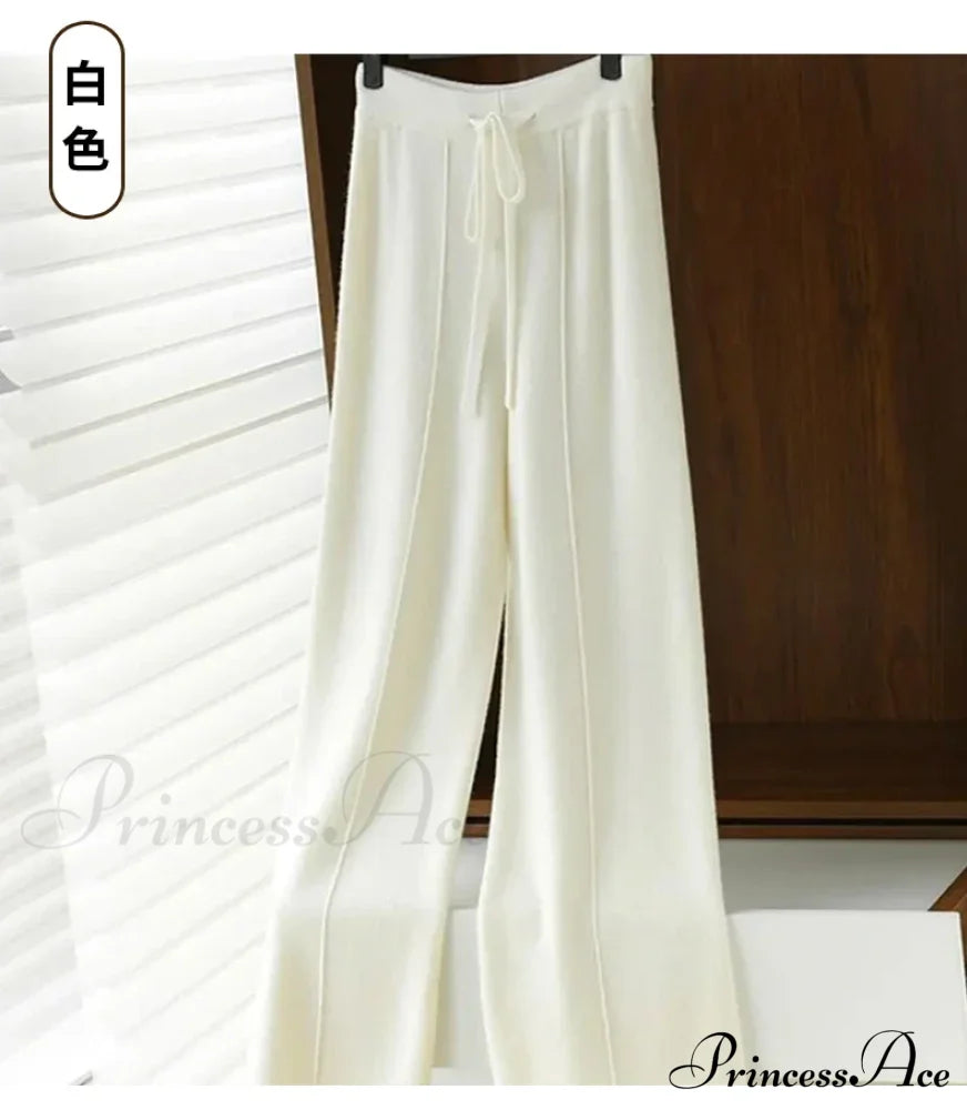 Casual Thick Knitted Elastic High Waist Loose Wide Leg Long Striped Pants White / S