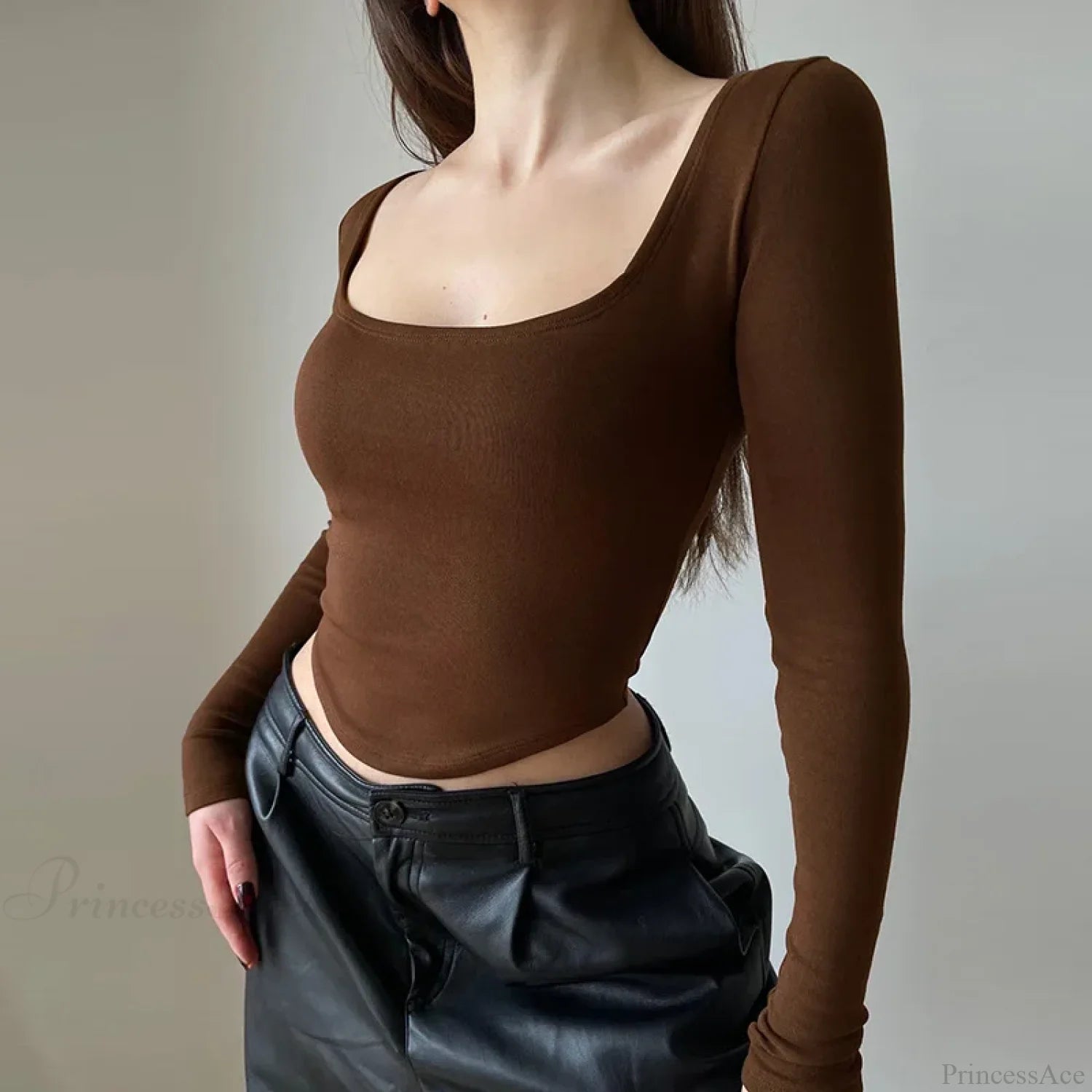 Casual U-neck Sexy Crop Short Long Sleeve Knit Top Brown / S knittop-250126