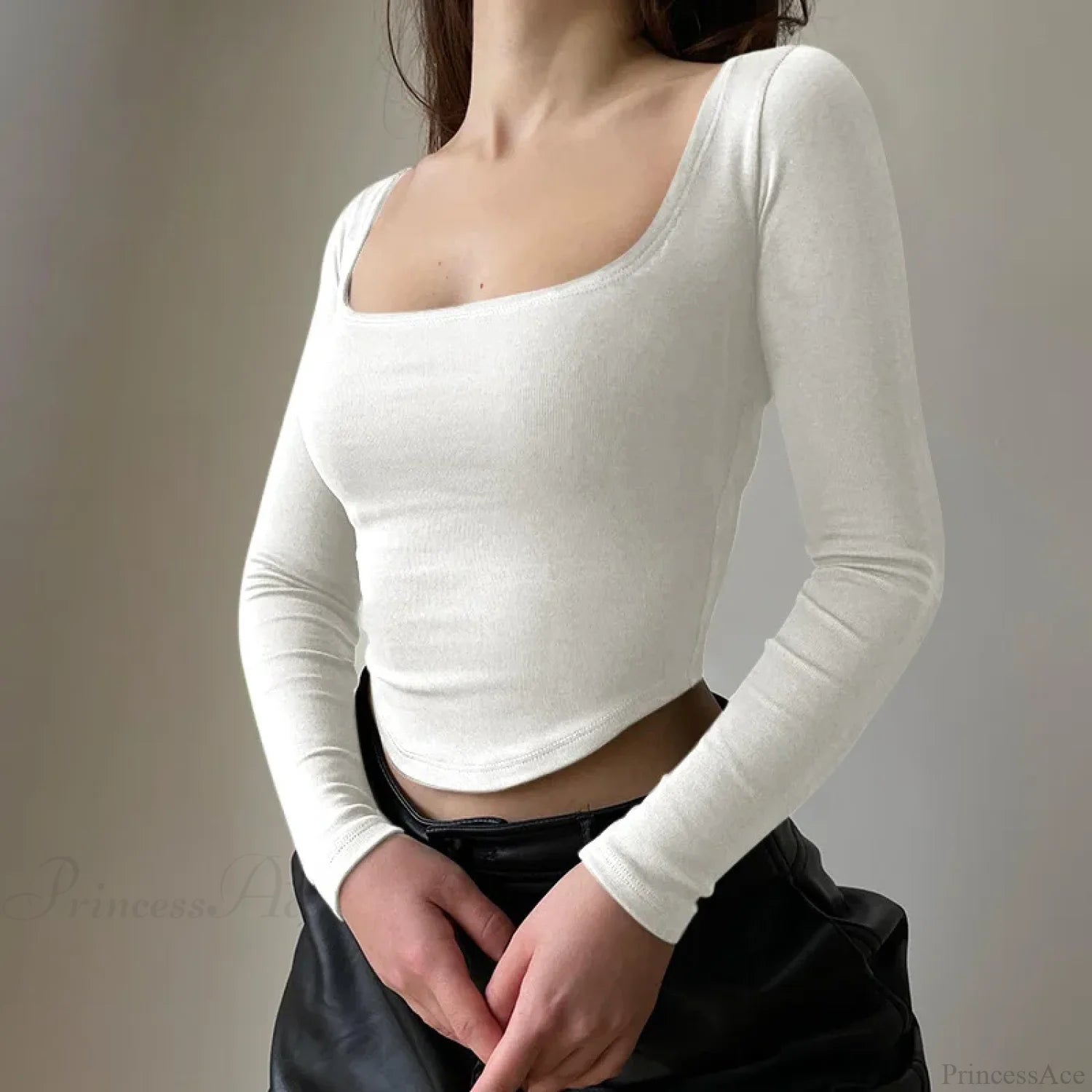 Casual U-neck Sexy Crop Short Long Sleeve Knit Top WHITE / S knittop-250126