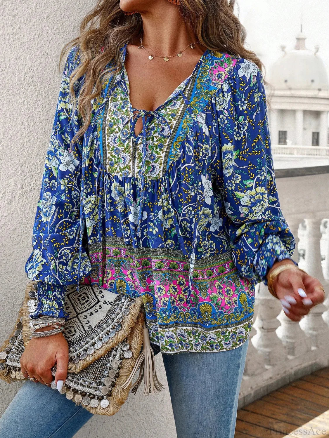 Casual V-Neck Floral Print Long Sleeve Boho Blouse bohoblouse-250126
