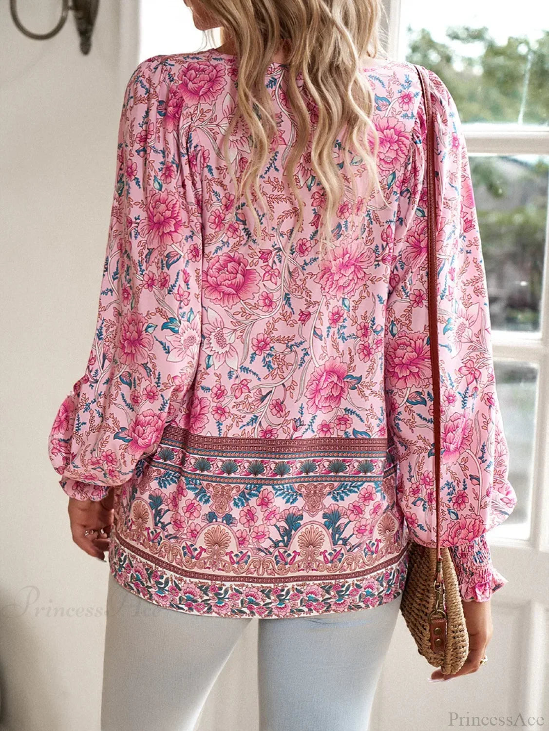Casual V-Neck Floral Print Long Sleeve Boho Blouse bohoblouse-250126