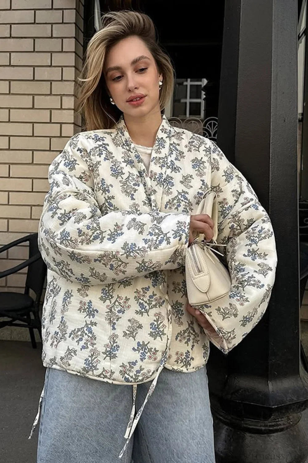 Casual Versatile Printed V-Neck Drawstring Padded Coat