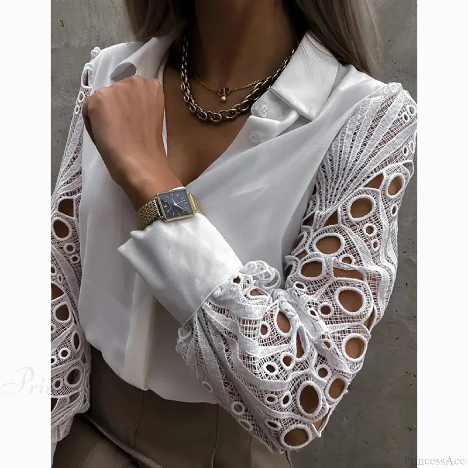 Casual White Lace Hollow-out Button Blouse blouse-250126