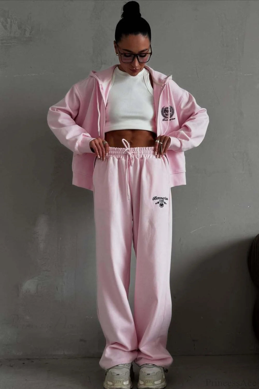 Casual Zip Hooded Embroidered Sweatpants Two Piece Set