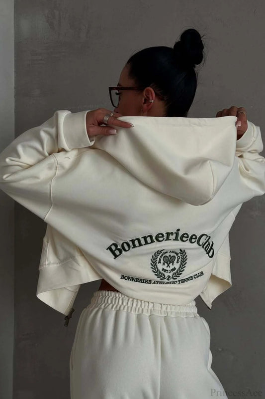 Casual Zip Hooded Embroidered Sweatpants Two Piece Set