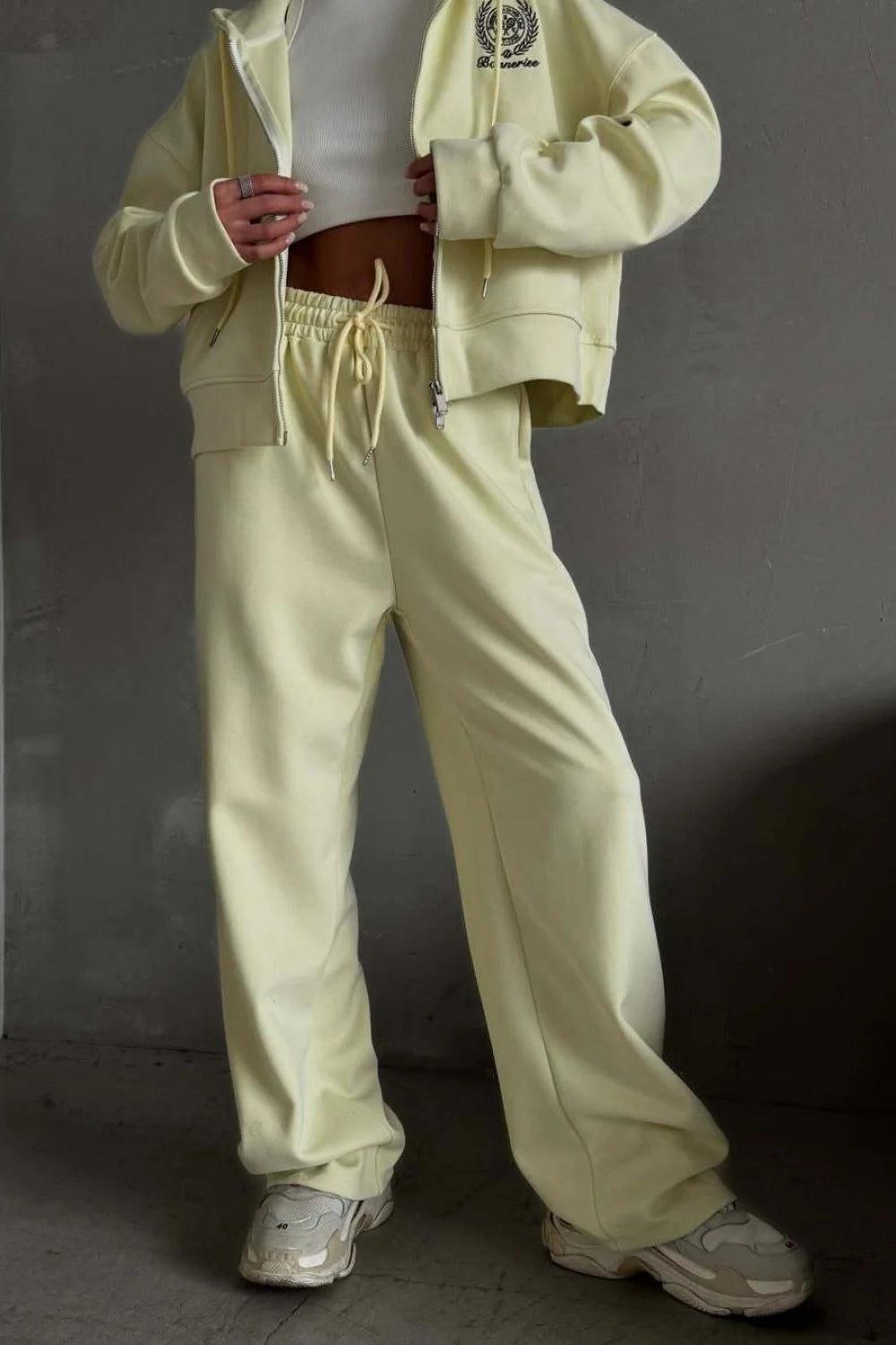 Casual Zip Hooded Embroidered Sweatpants Two Piece Set Yellow / S