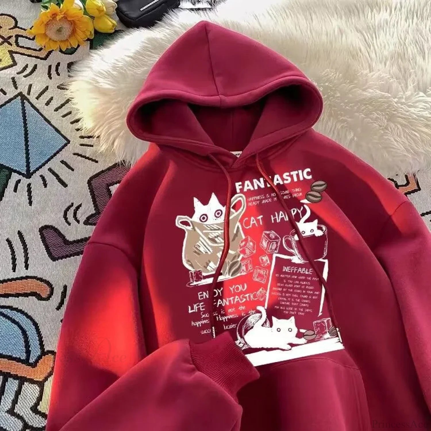 Cat Cartoon Printed Pullover Hoodie