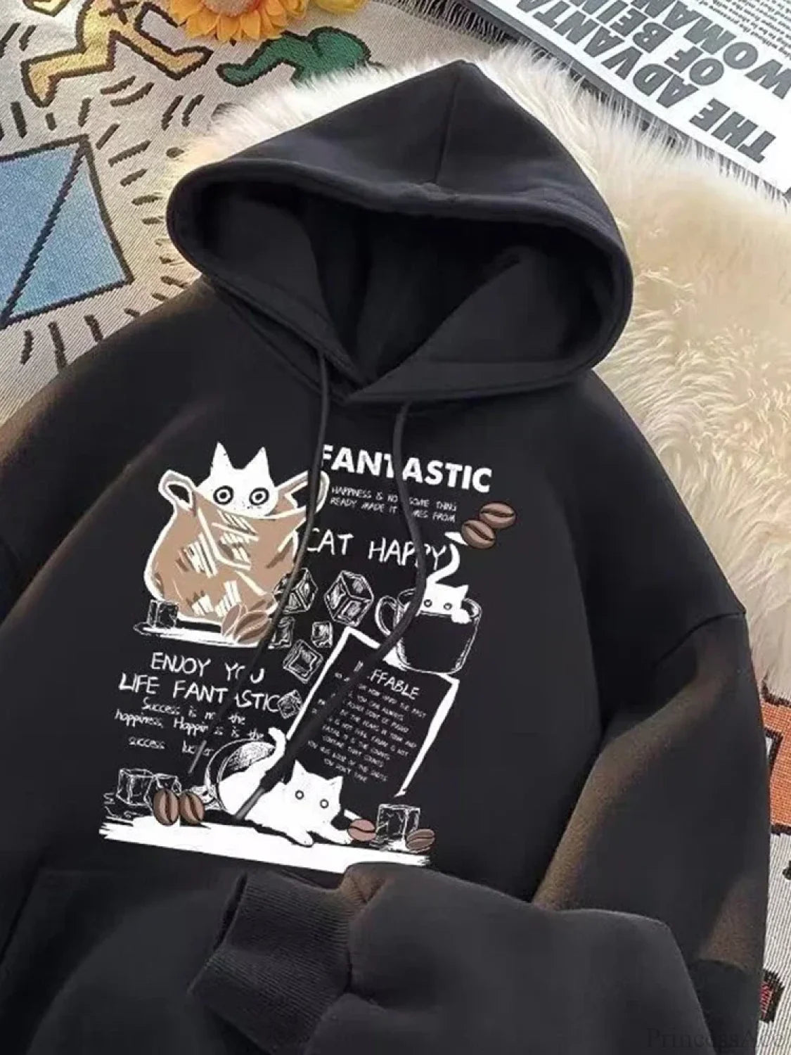 Cat Cartoon Printed Pullover Hoodie Black / M(40-45KG)