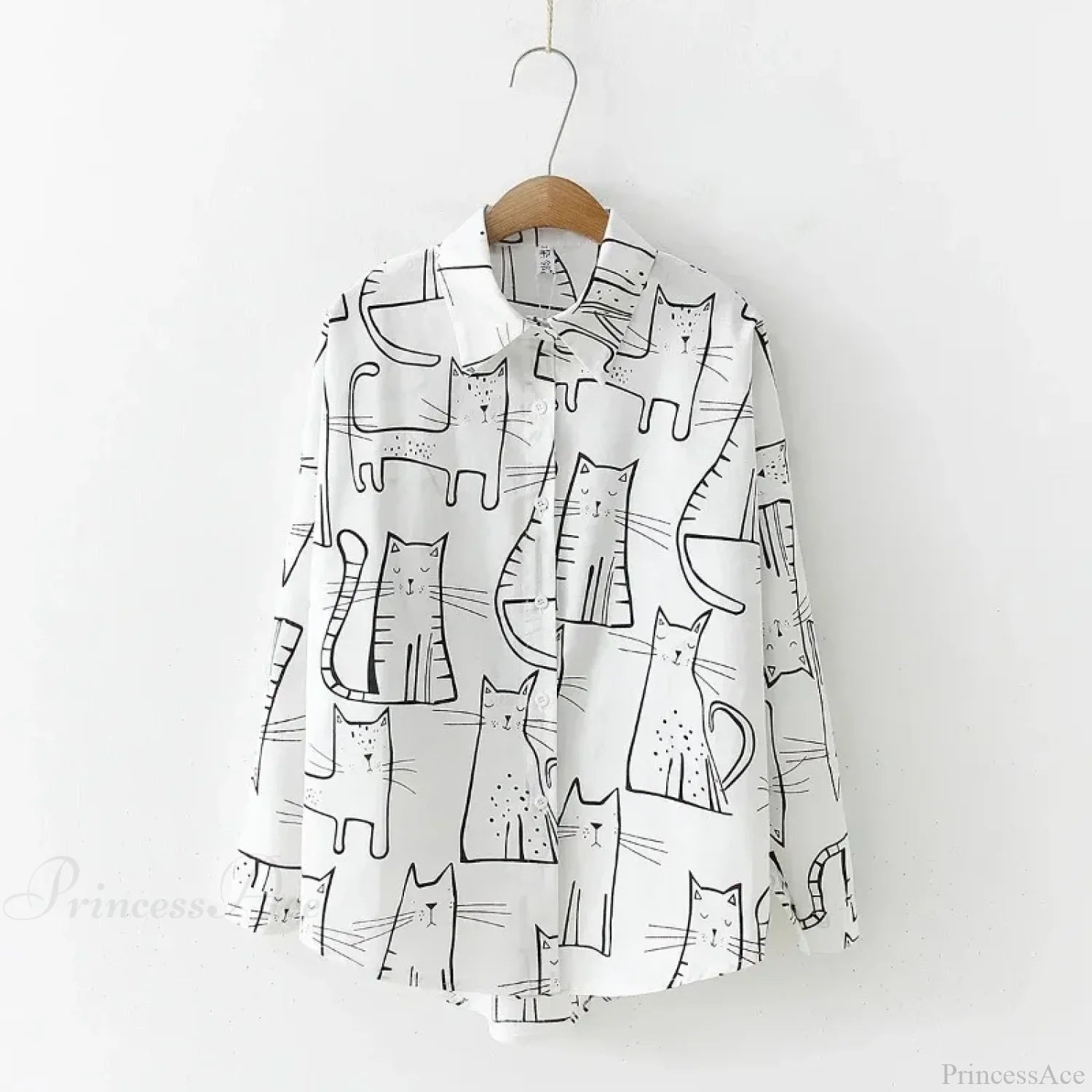 Cat Print Long Sleeve Vintage Casual Blouse WHITE / S blouse-250126