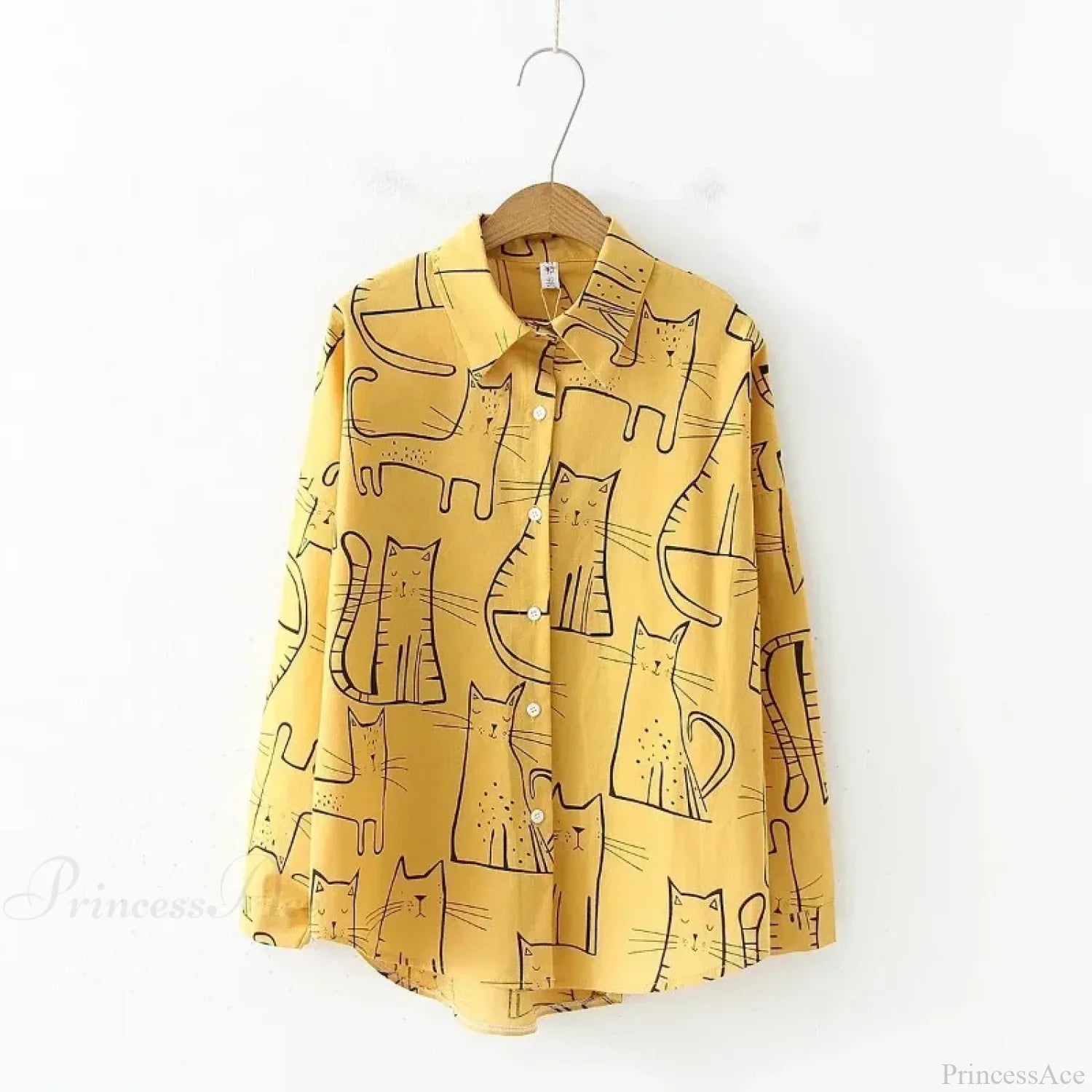 Cat Print Long Sleeve Vintage Casual Blouse Yellow / S blouse-250126