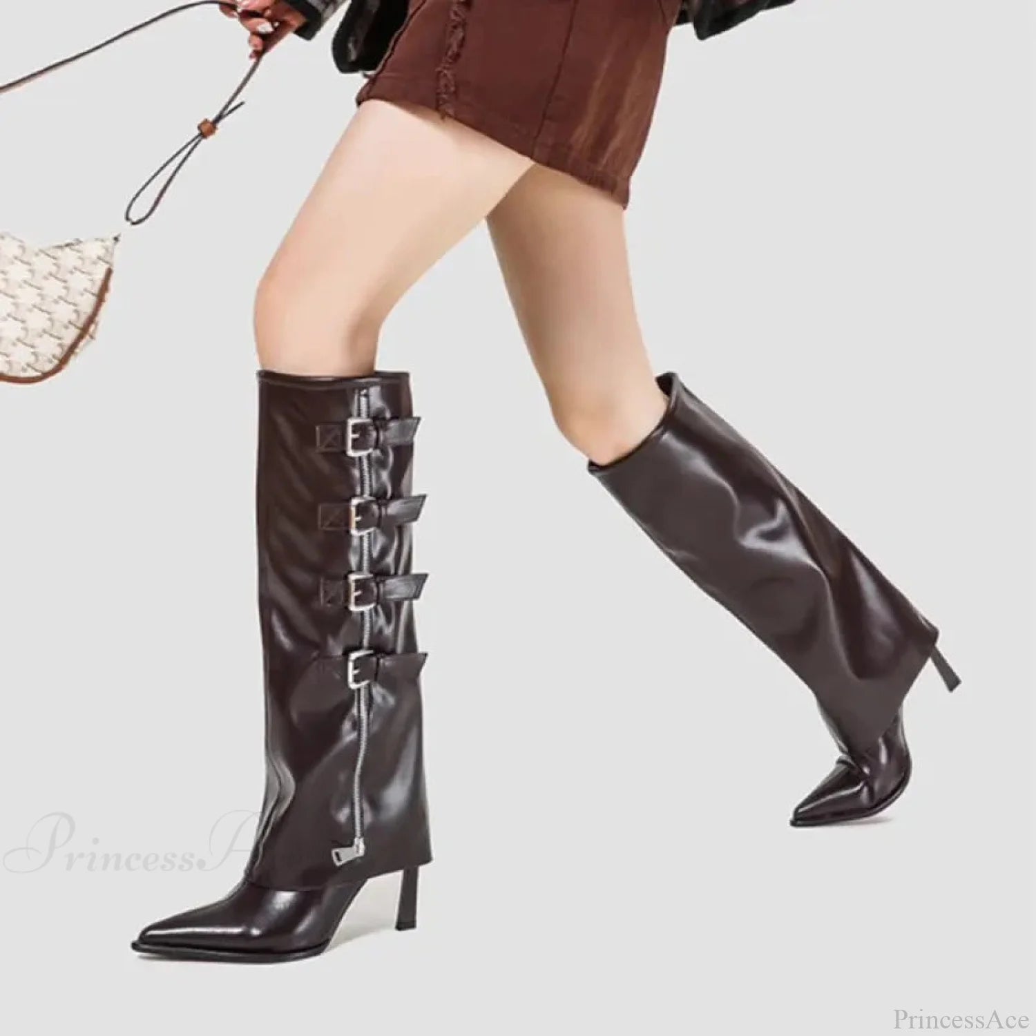 Catwalk Punk Glossy Faux Leather Alloy Clasp Tall Boot Gothic Shiny Leather Metal Buckle Knee-High Boot
