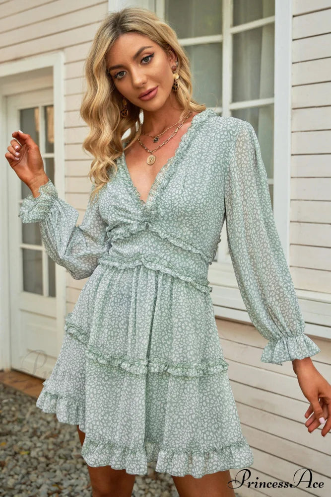 Causal Loose Solid Color Pleated Classic V-Neck Long Puff Sleeves Sweater Dress Gum Leaf / Xs