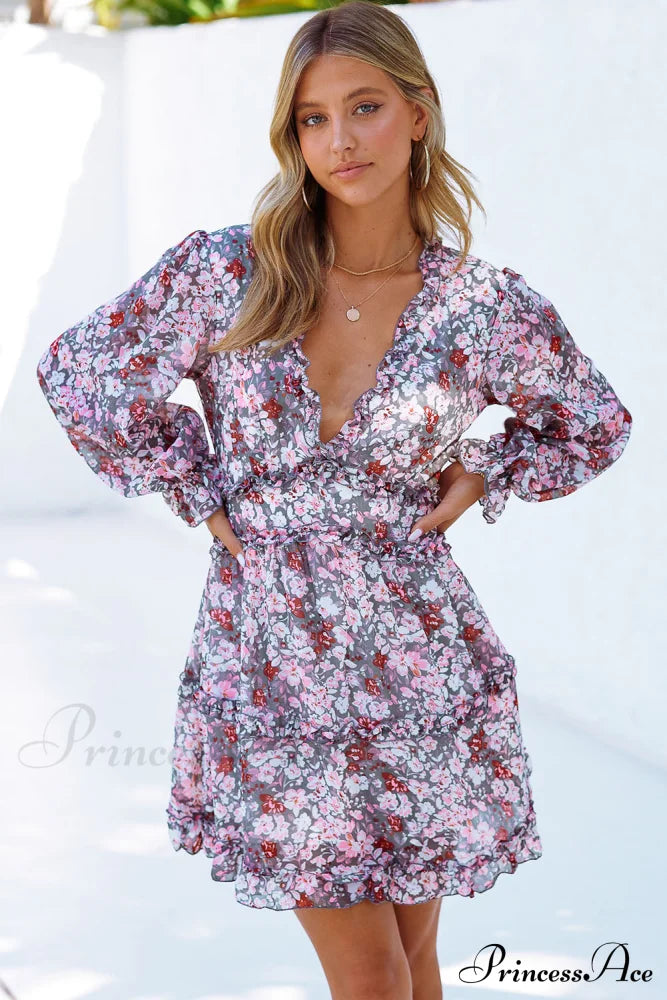 Causal Loose Solid Color Pleated Classic V-Neck Long Puff Sleeves Sweater Dress Lavender / Xs