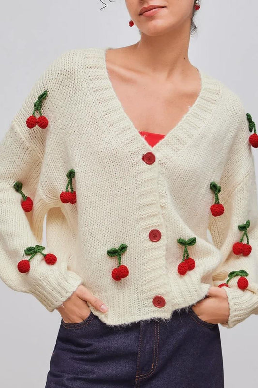 Cherry Applique V Neck Button Cardigans