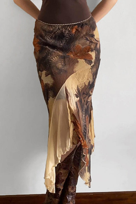 Jupe mi-longue sirène asymétrique à contraste floral