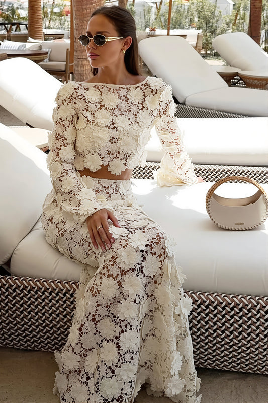 White Lace Long Sleeve Maxi Skirt Set