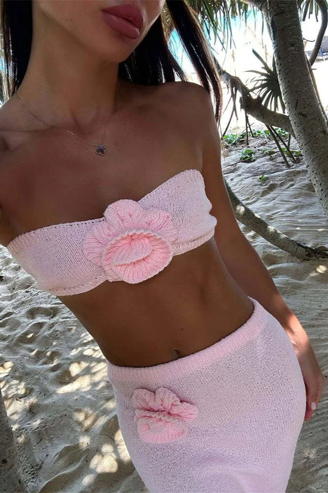 Knit Floral Patchwork Tube Top Boho Dress Pink / S