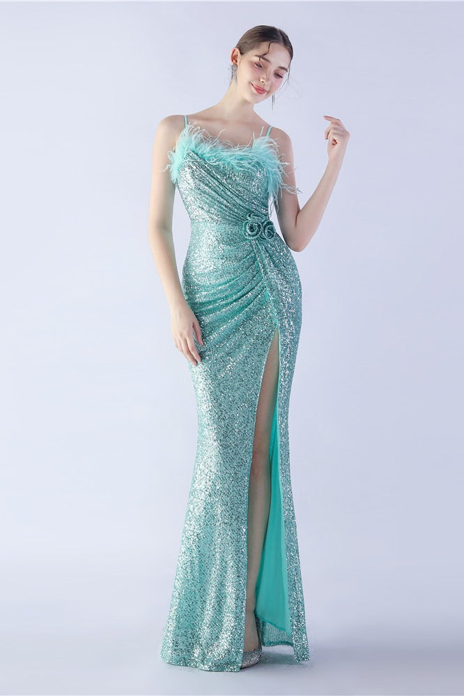 Ostrich Feather Embellished Maxi Dress Green / S