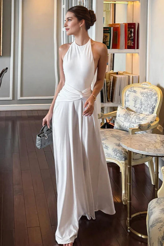 Robe longue froncée dos nu à col licou unie