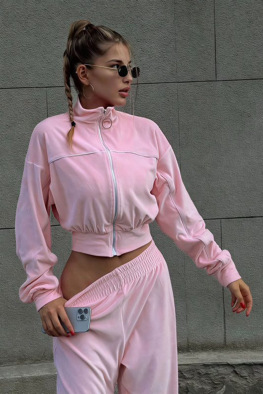 Athletic Velvet Collar Zipper Long Sleeve Two Piece Set