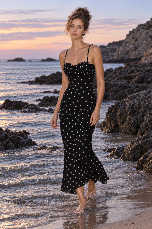Polka Dot Backless Cami Bodycon Maxi Dress