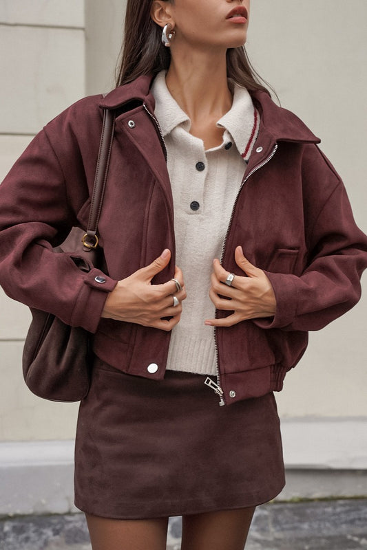 Veste ample en daim rouge-marron