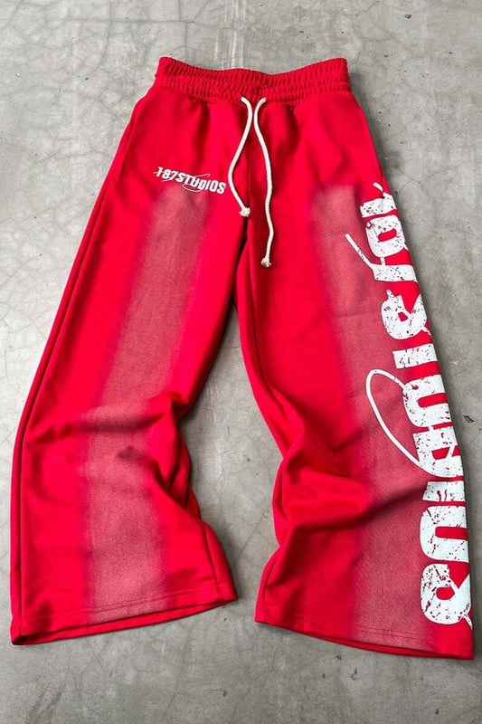Letter Print Y2K Elastic Waist Straight Pants Red / S