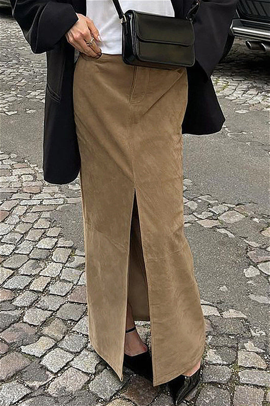 French Retro Suede High Waist Split Maxi Skirt Brown / S