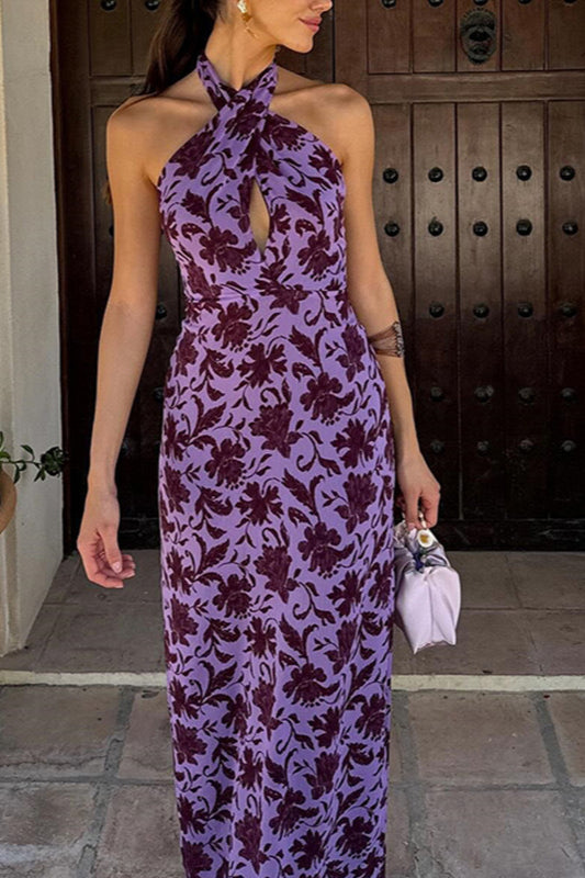 Robe longue fendue à imprimé dos nu