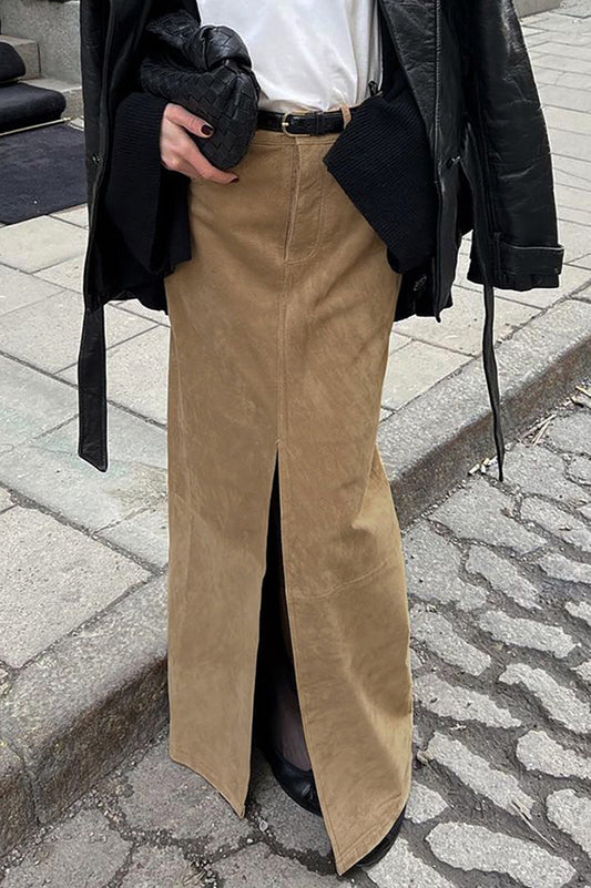 Jupe mi-longue fendue taille haute en daim marron vintage