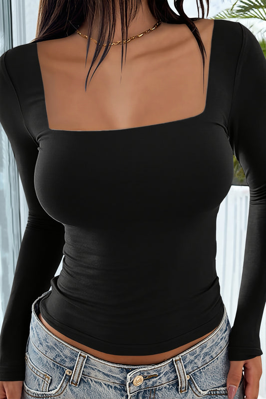 Square Neck Fitted Long Sleeve Blouse