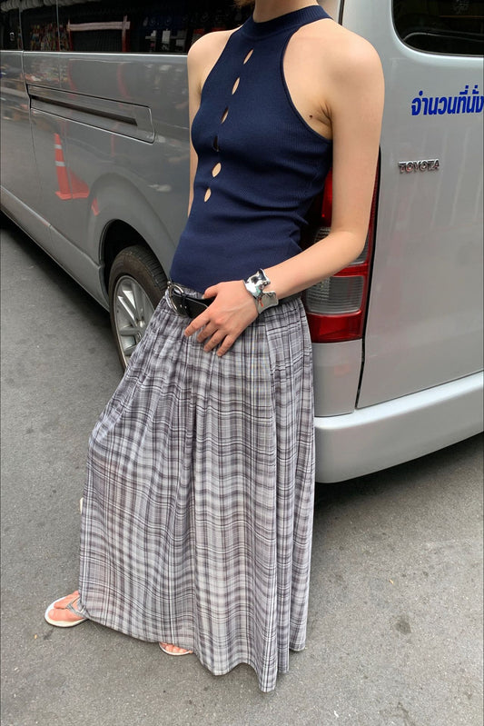 Jupe longue à carreaux en maille taille haute et coupe trapèze