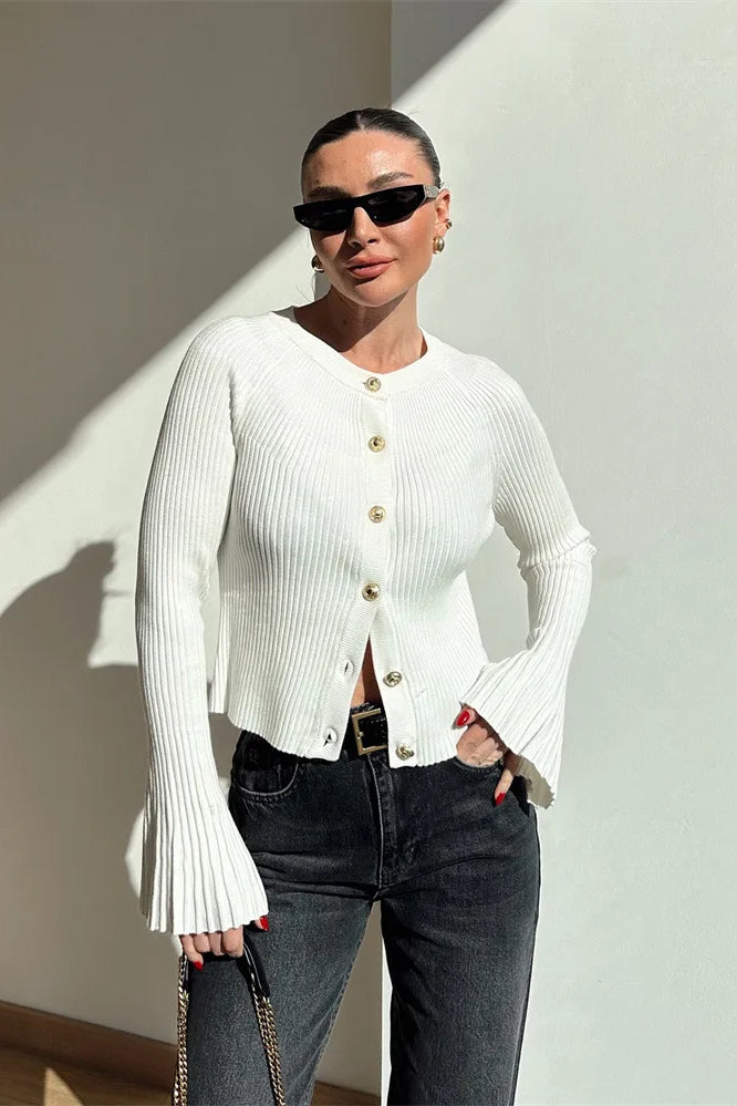 Solid Rib Knit Slim Cardigan White / S