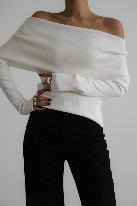 Off Shoulder Fitted Long Sleeve Knit Sweater