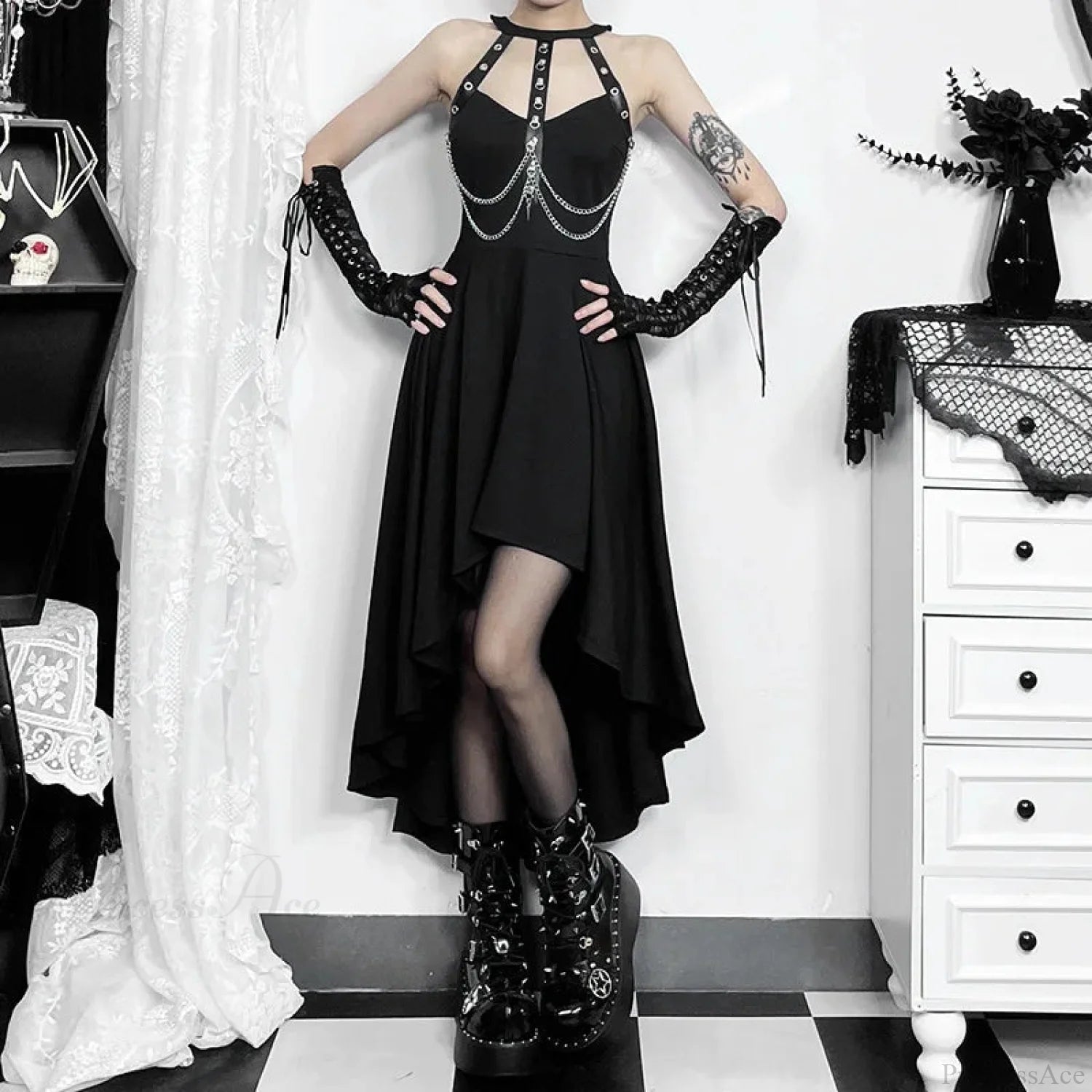 Chains Ornament Halter Swing Midi Dress Black / S