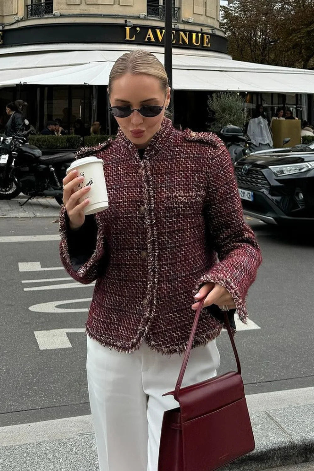 Chanel-style Tweed Elegant Cropped Jacket Burgundy / S