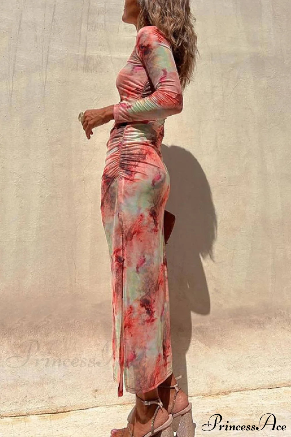 Charm Lady Mesh Overlay Tie Dye Modern Print Long Sleeve Ruched Stretch Midi Dress Dresses