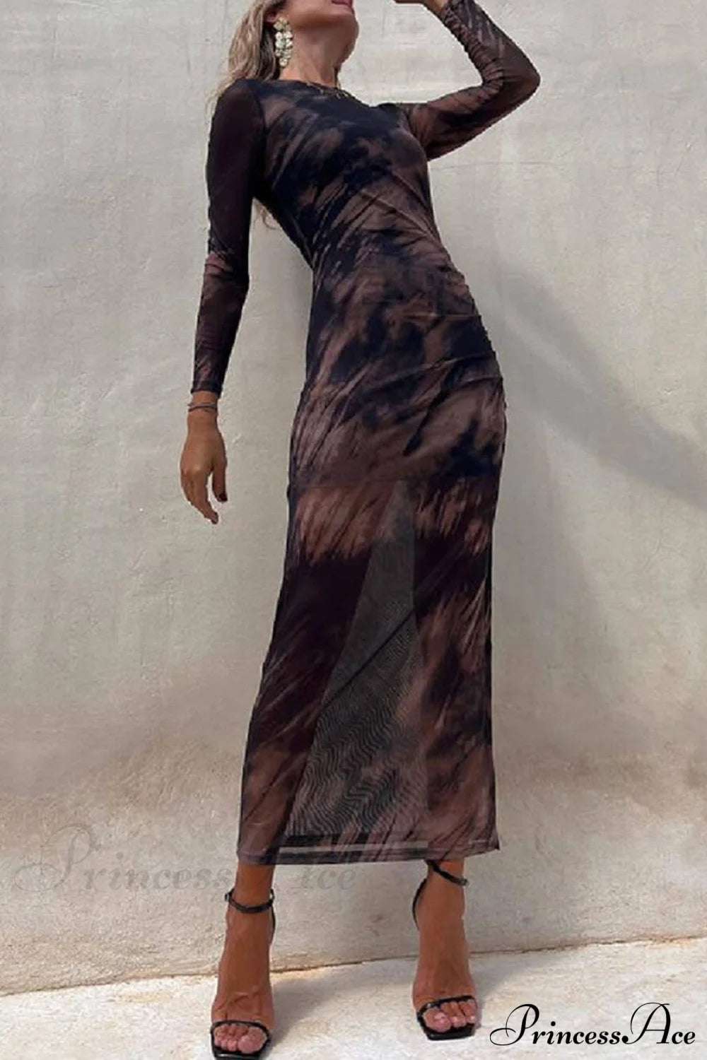 Charm Lady Mesh Overlay Tie Dye Modern Print Long Sleeve Ruched Stretch Midi Dress Dresses