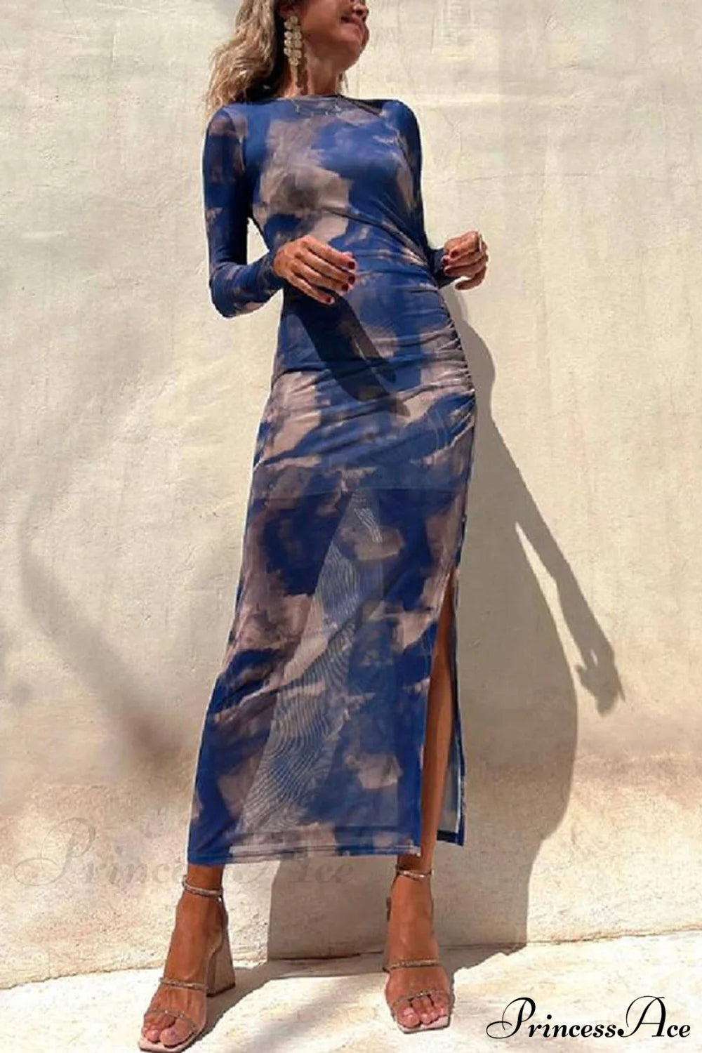 Charm Lady Mesh Overlay Tie Dye Modern Print Long Sleeve Ruched Stretch Midi Dress Dresses