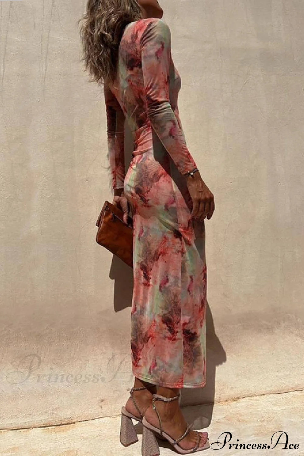 Charm Lady Mesh Overlay Tie Dye Modern Print Long Sleeve Ruched Stretch Midi Dress Dresses