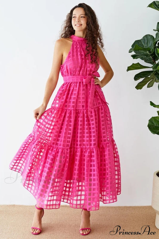 Check Halter Neck Tie Waist Maxi Dress | Dress In Beauty