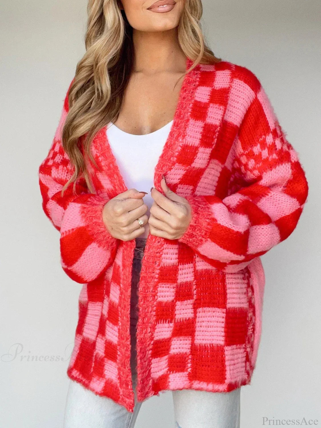 Checkered Loose Long Sleeve Open Front Cardigan