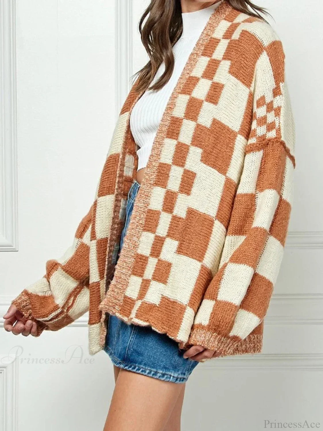 Checkered Loose Long Sleeve Open Front Cardigan light brown / S