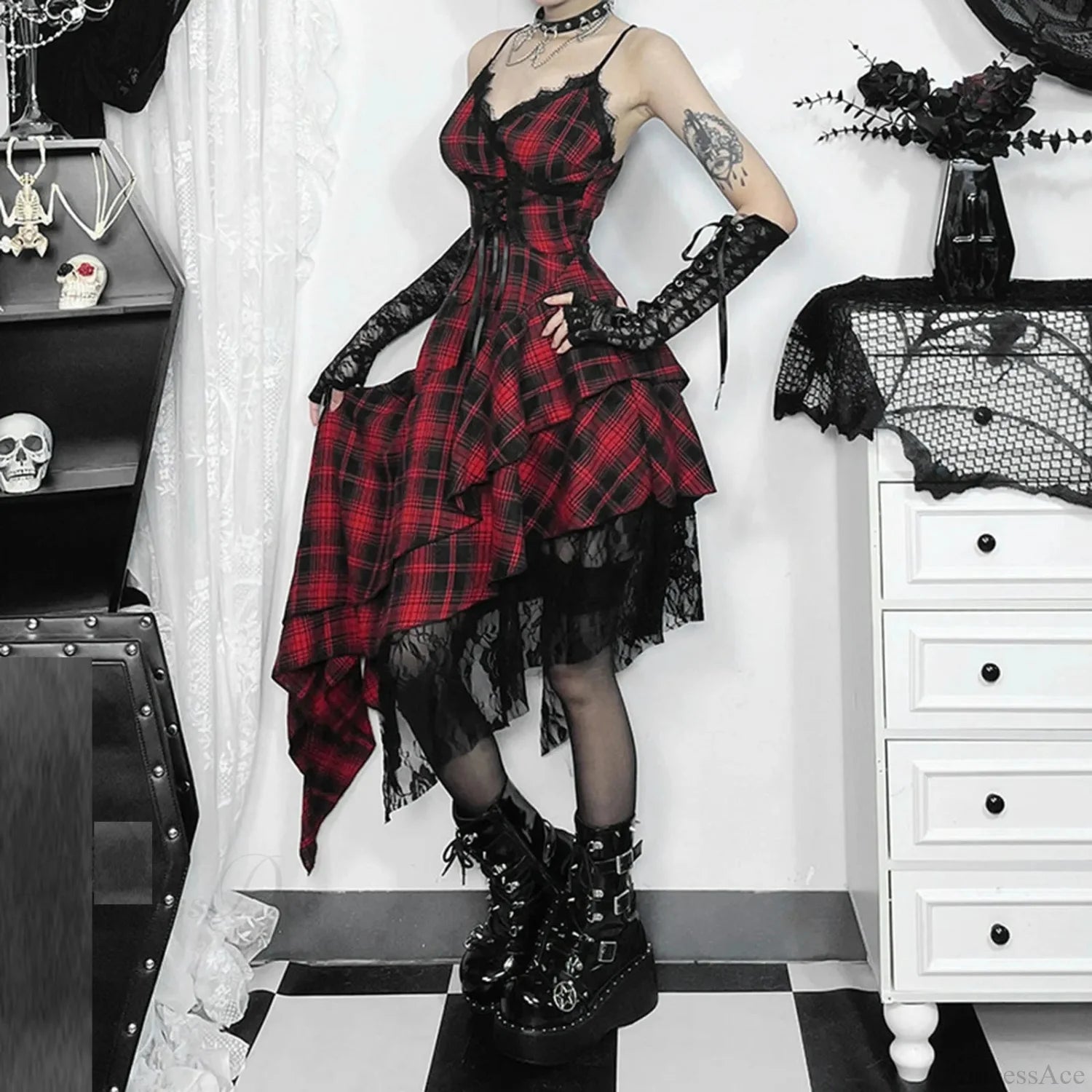 Checkered Suspenders Rebel Rock Midi Dress