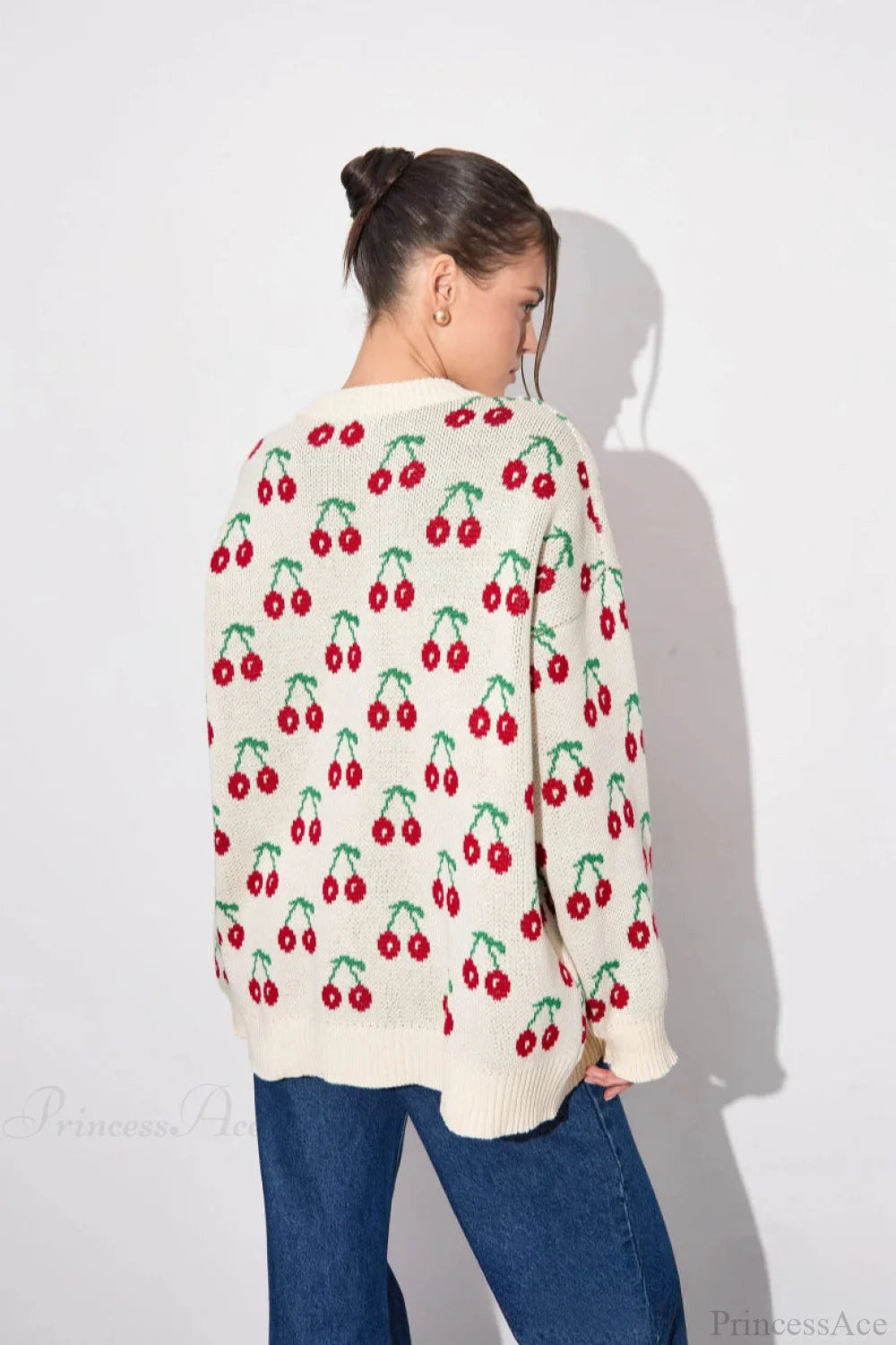 Cherry Crew Neck Mid Length Knit Sweater